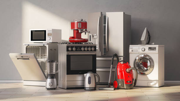 Set of home kitchen appliances in the room with sun light. 3d illustration